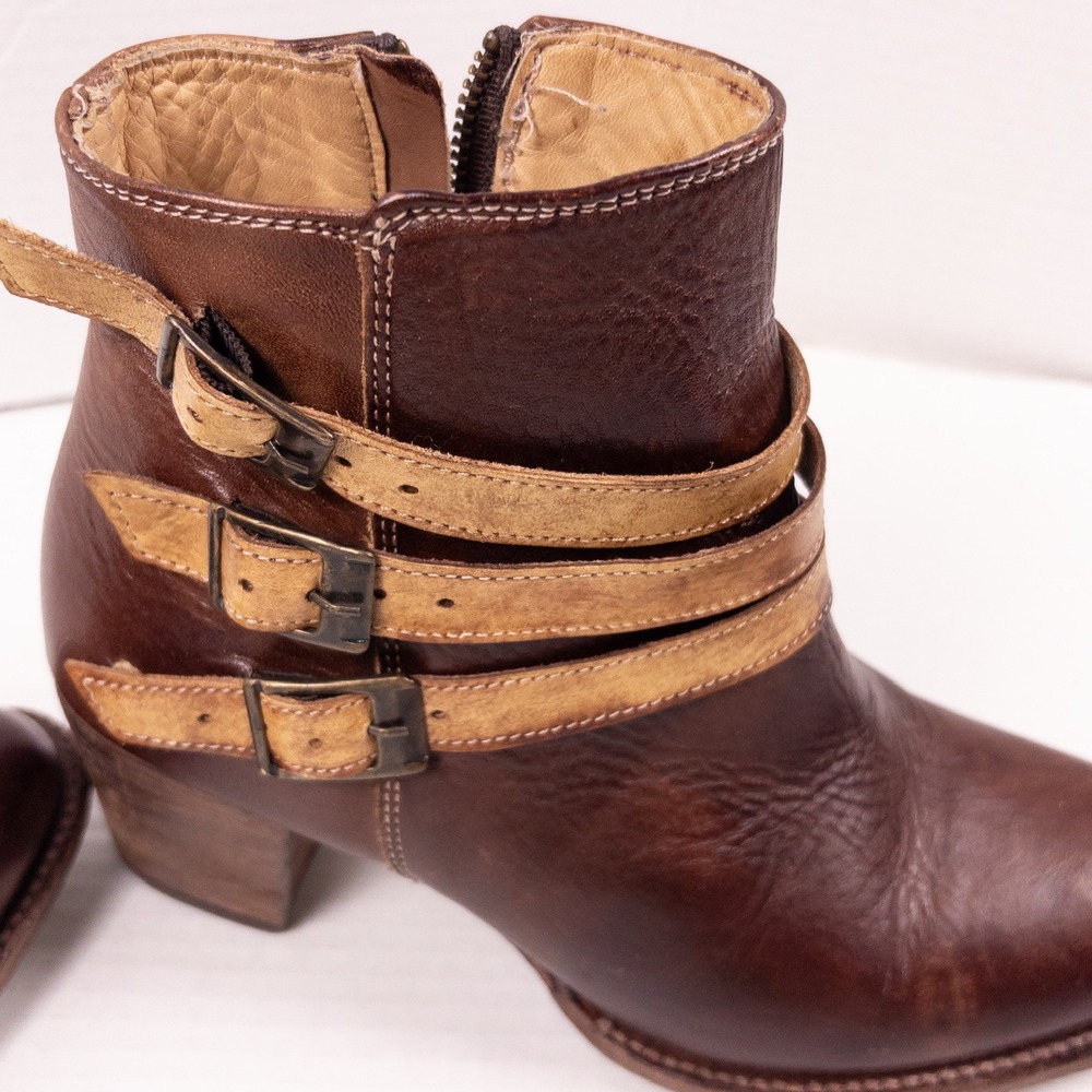 Bed Stu Begin Ankle Boot Women 9 Tan Teak Leather Triple Buckle Western Boho